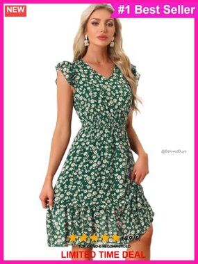 Womens Floral V Neck Ruffle Smocked Waist Knee Length Chiffon Summer Dress